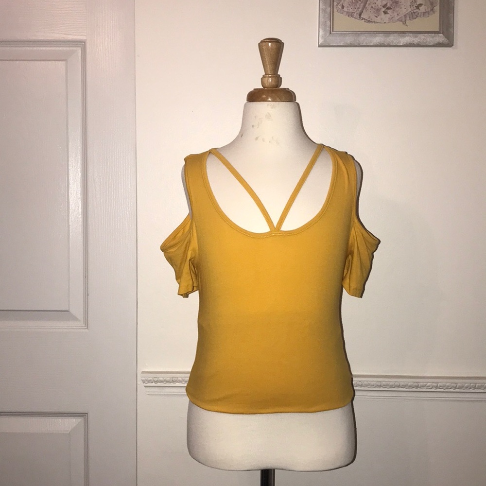 Yellow scoop neck with cold shoulders, top